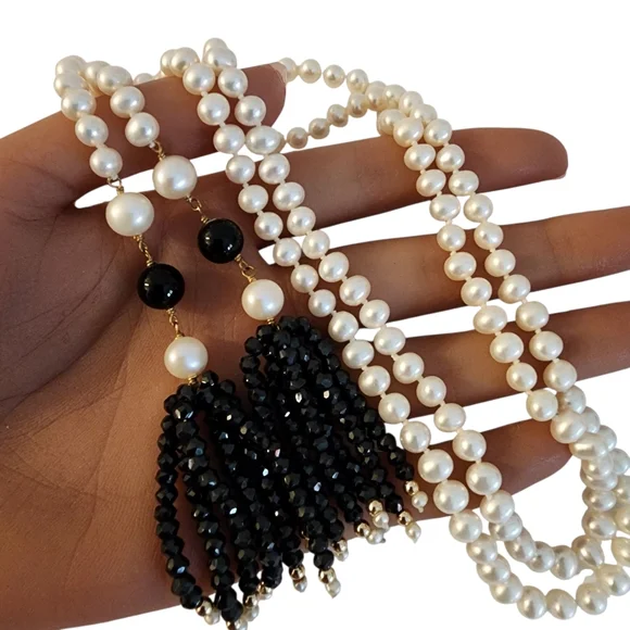 Lariat pearl necklace petite pearls high luster 18k GP hand knottedA0123 -1Q